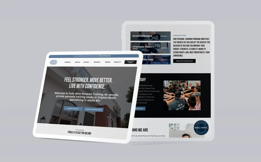 Fully Alive responsive website design on tablet landscape and portrait screen